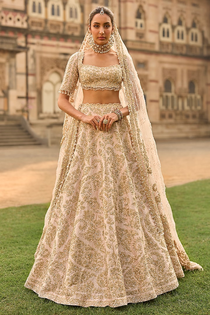Powder Peach Raw Silk Sequins Embroidered Bridal Lehenga Set by Seema Gujral at Pernia's Pop Up Shop