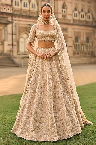 Powder Peach Raw Silk Sequins Embroidered Lehenga Set by Seema Gujral