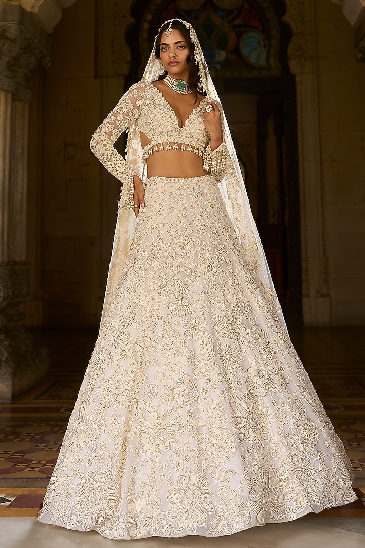 Ivory Organza Sequins Embroidered Bridal Lehenga Set by Seema Gujral at Pernia's Pop Up Shop