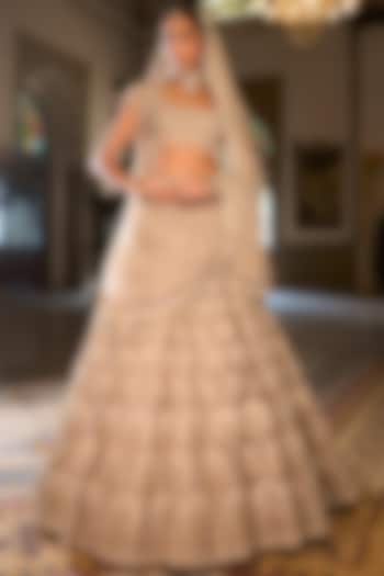 Champagne Net Sequins Embroidered Bridal Lehenga Set by Seema Gujral at Pernia's Pop Up Shop