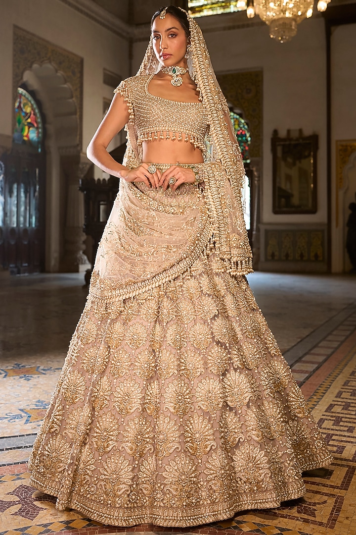 Champagne Net Sequins Embroidered Bridal Lehenga Set by Seema Gujral at Pernia's Pop Up Shop