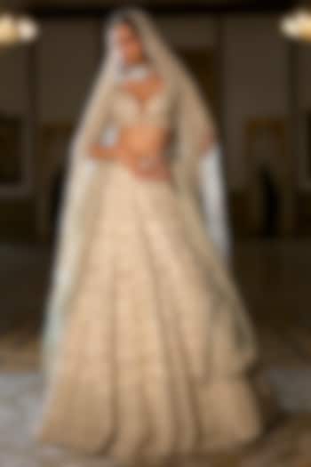 Ivory Raw Silk Crystal Embroidered Bridal Lehenga Set by Seema Gujral at Pernia's Pop Up Shop