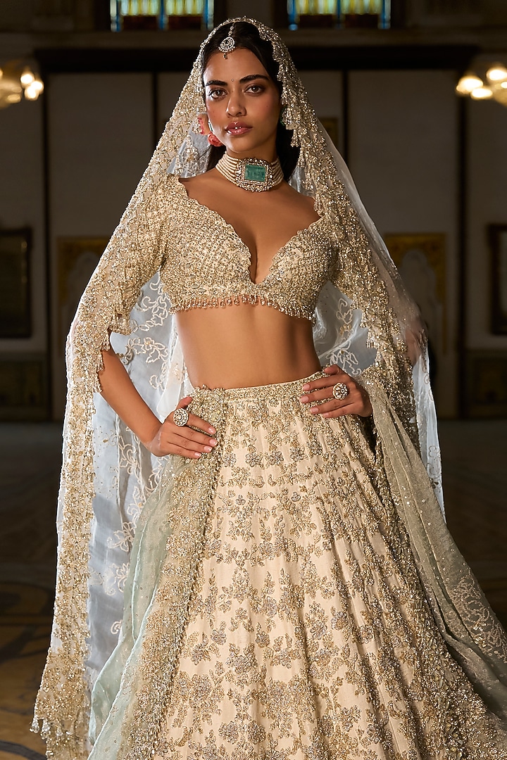 Ivory Raw Silk Crystal Embroidered Bridal Lehenga Set by Seema Gujral at Pernia's Pop Up Shop