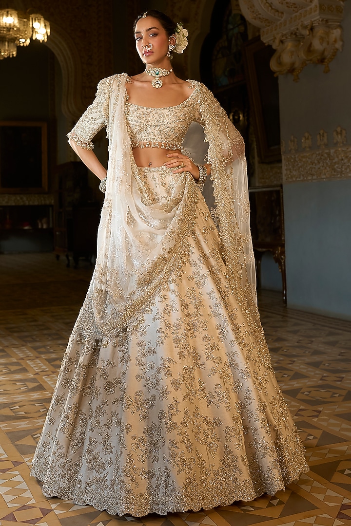 Beige Net Zardosi & Sequins Embroidered Bridal Lehenga Set by Seema Gujral at Pernia's Pop Up Shop