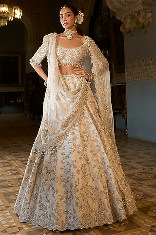 Beige Net Zardosi & Sequins Embroidered Lehenga Set by Seema Gujral