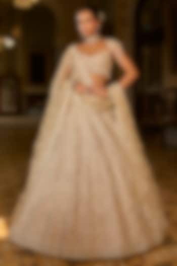 Dark Beige Net Sequins & Dori Embroidered Bridal Lehenga Set by Seema Gujral at Pernia's Pop Up Shop