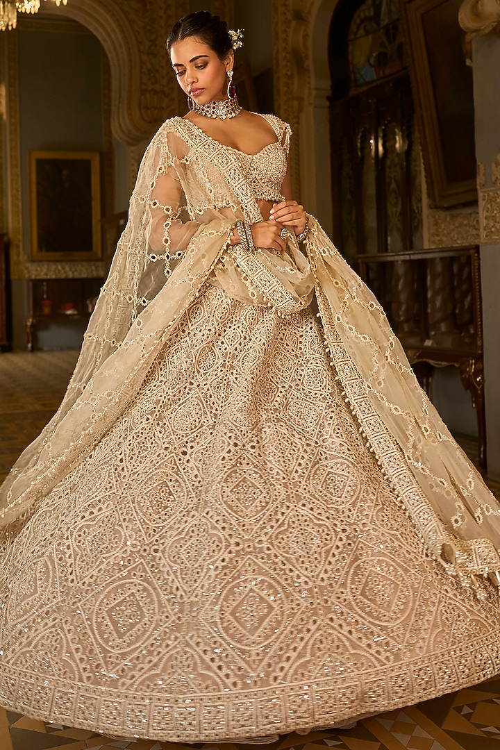 Dark Beige Net Sequins & Dori Embroidered Bridal Lehenga Set by Seema Gujral at Pernia's Pop Up Shop