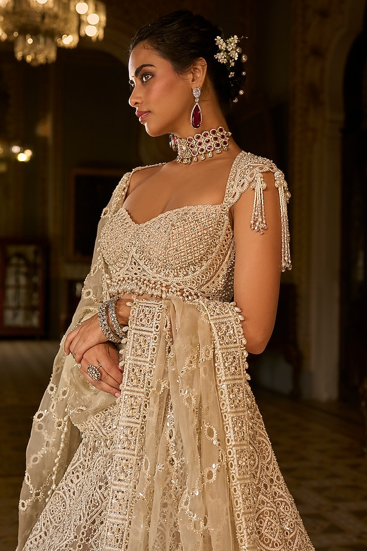 Dark Beige Net Sequins & Dori Embroidered Bridal Lehenga Set by Seema Gujral at Pernia's Pop Up Shop