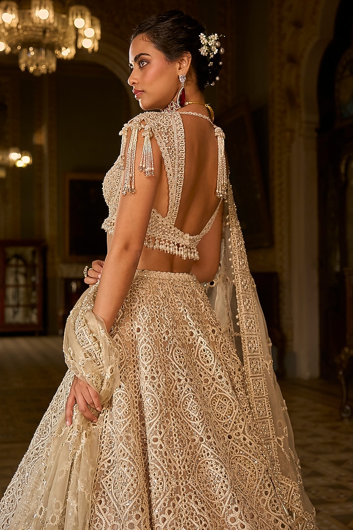 Dark Beige Net Sequins & Dori Embroidered Bridal Lehenga Set by Seema Gujral at Pernia's Pop Up Shop