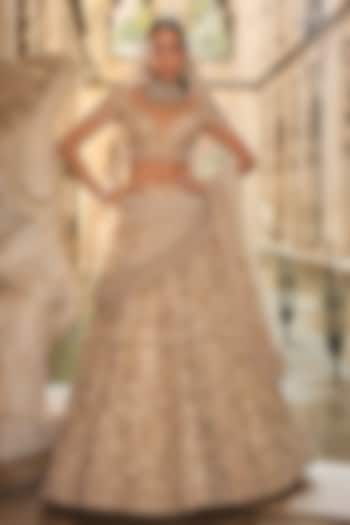 Beige Net Sequins & Dori Embroidered Bridal Lehenga Set by Seema Gujral at Pernia's Pop Up Shop