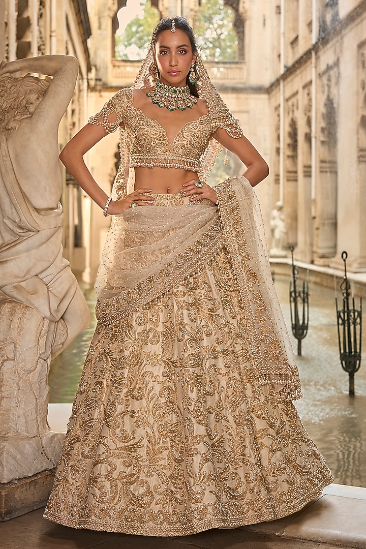 Beige Net Sequins & Dori Embroidered Bridal Lehenga Set by Seema Gujral at Pernia's Pop Up Shop