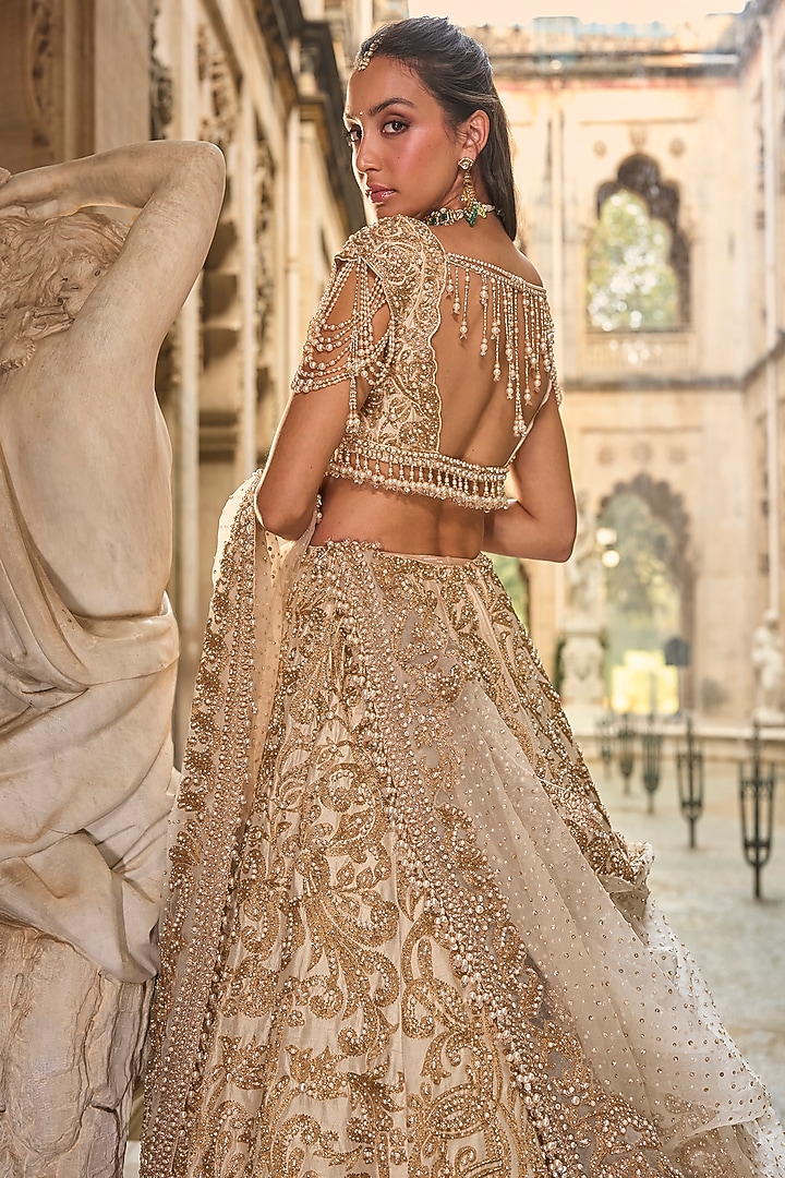 Beige Net Sequins & Dori Embroidered Bridal Lehenga Set by Seema Gujral at Pernia's Pop Up Shop