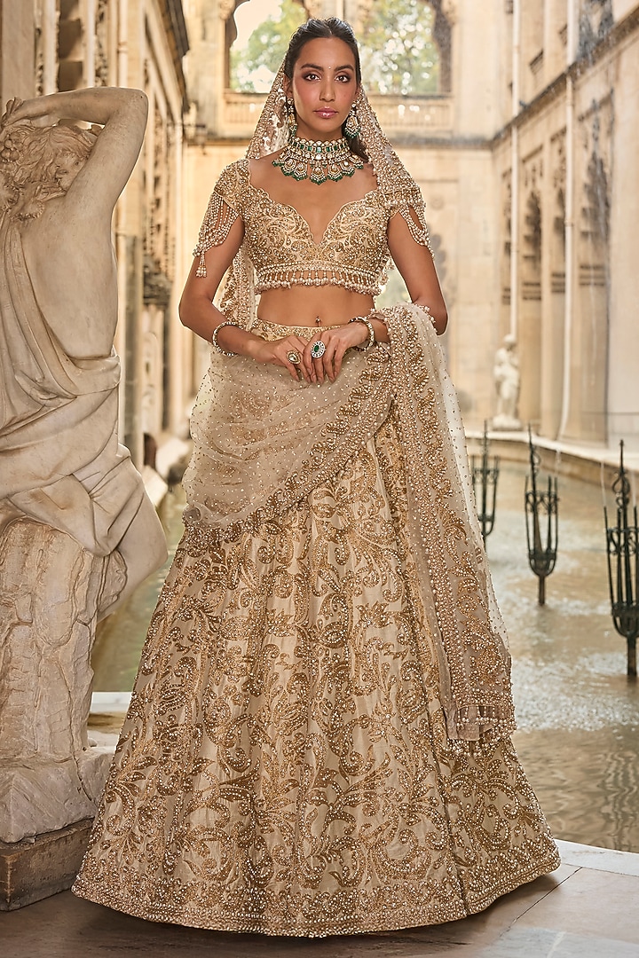 Beige Net Sequins & Dori Embroidered Bridal Lehenga Set by Seema Gujral at Pernia's Pop Up Shop