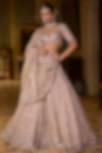 Rose Gold Silk Tissue Sequins Embroidered Bridal Lehenga Set by Seema Gujral at Pernia's Pop Up Shop