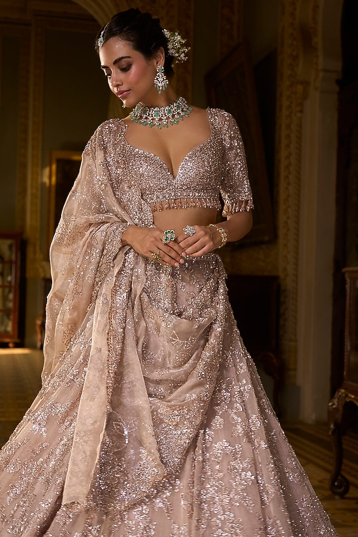 Rose Gold Silk Tissue Sequins Embroidered Bridal Lehenga Set by Seema Gujral at Pernia's Pop Up Shop
