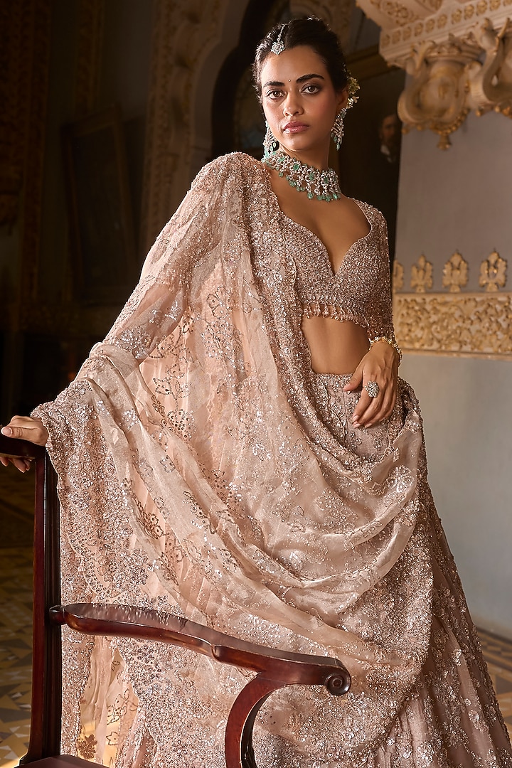 Rose Gold Silk Tissue Sequins Embroidered Bridal Lehenga Set by Seema Gujral at Pernia's Pop Up Shop