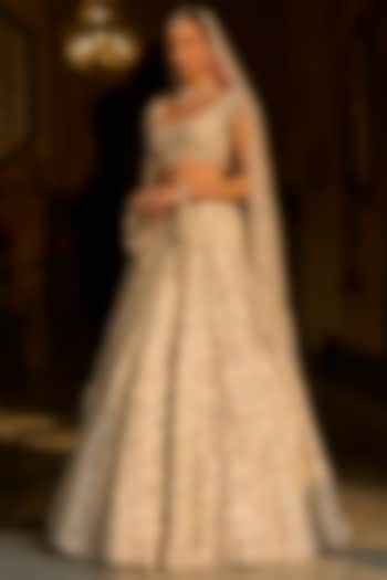Ivory Net Sequins & Zardosi Work Bridal Lehenga Set by Seema Gujral at Pernia's Pop Up Shop