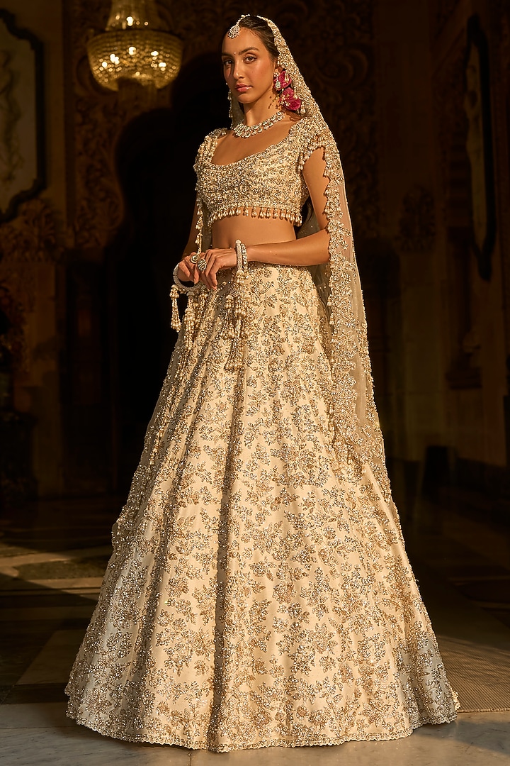 Ivory Net Sequins & Zardosi Work Bridal Lehenga Set by Seema Gujral at Pernia's Pop Up Shop