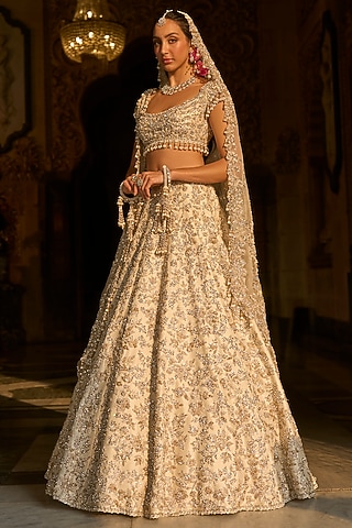 Ivory Net Sequins & Zardosi Work Lehenga Set by Seema Gujral