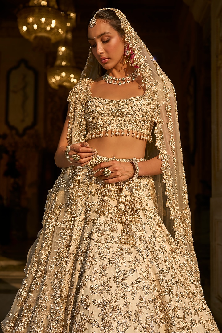 Ivory Net Sequins & Zardosi Work Bridal Lehenga Set by Seema Gujral at Pernia's Pop Up Shop