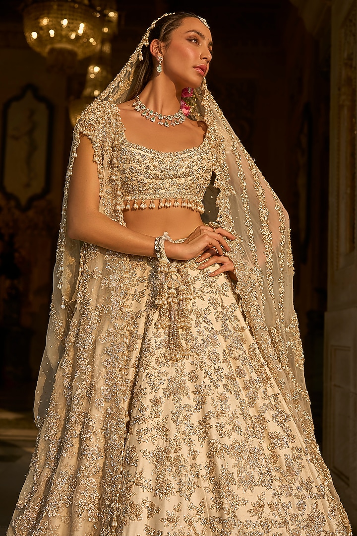 Ivory Net Sequins & Zardosi Work Bridal Lehenga Set by Seema Gujral at Pernia's Pop Up Shop