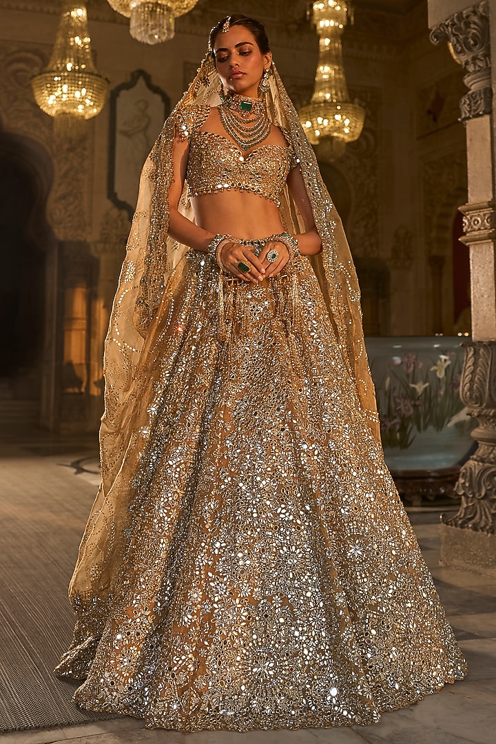 Gold Organza Mirror Embroidered Bridal Lehenga Set by Seema Gujral at Pernia's Pop Up Shop