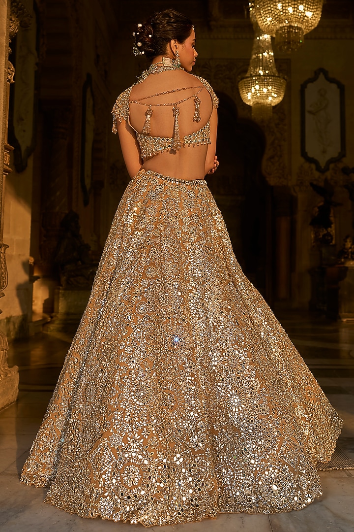 Gold Organza Mirror Embroidered Bridal Lehenga Set by Seema Gujral at Pernia's Pop Up Shop