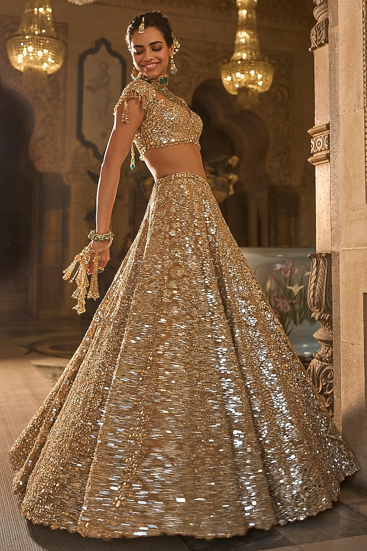 Gold Organza Mirror Embroidered Bridal Lehenga Set by Seema Gujral at Pernia's Pop Up Shop