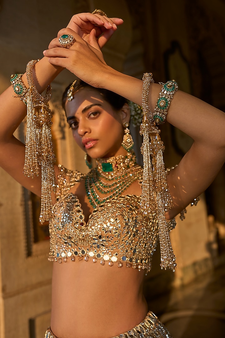 Gold Organza Mirror Embroidered Bridal Lehenga Set by Seema Gujral at Pernia's Pop Up Shop
