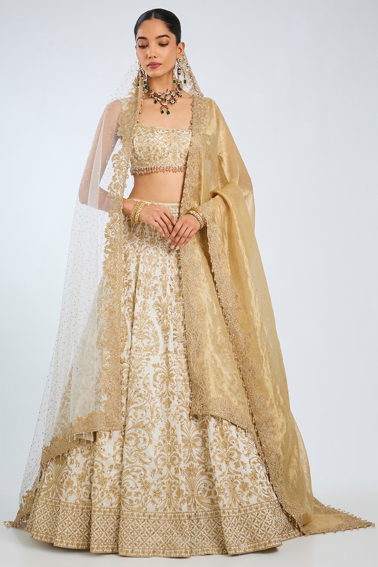 Seema Gujral Ivory Raw Silk Threadwork Lehenga Set