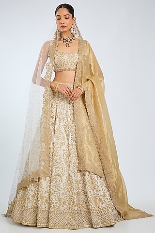 Ivory Raw Silk Threadwork Lehenga Set by Seema Gujral