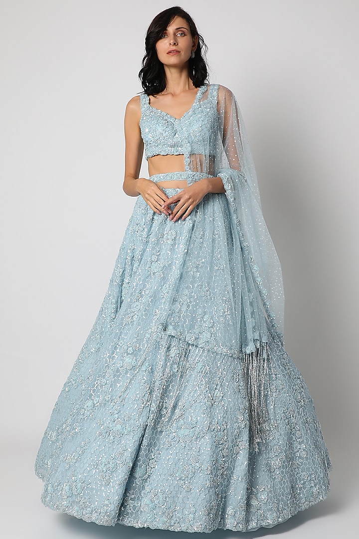 Sky Blue Embroidered Bridal Lehenga Set by Seema Gujral at Pernia's Pop Up Shop