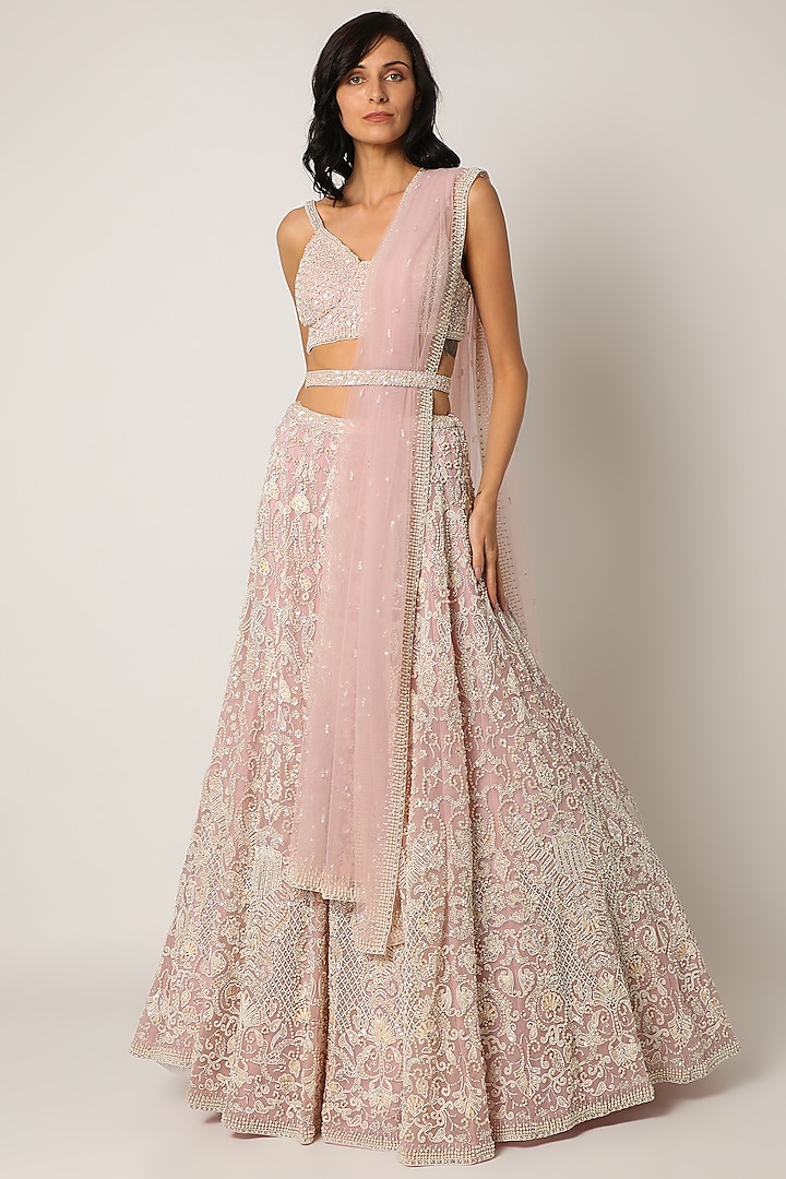 Light Pink Embroidered Lehenga Set With Belt by Seema Gujral