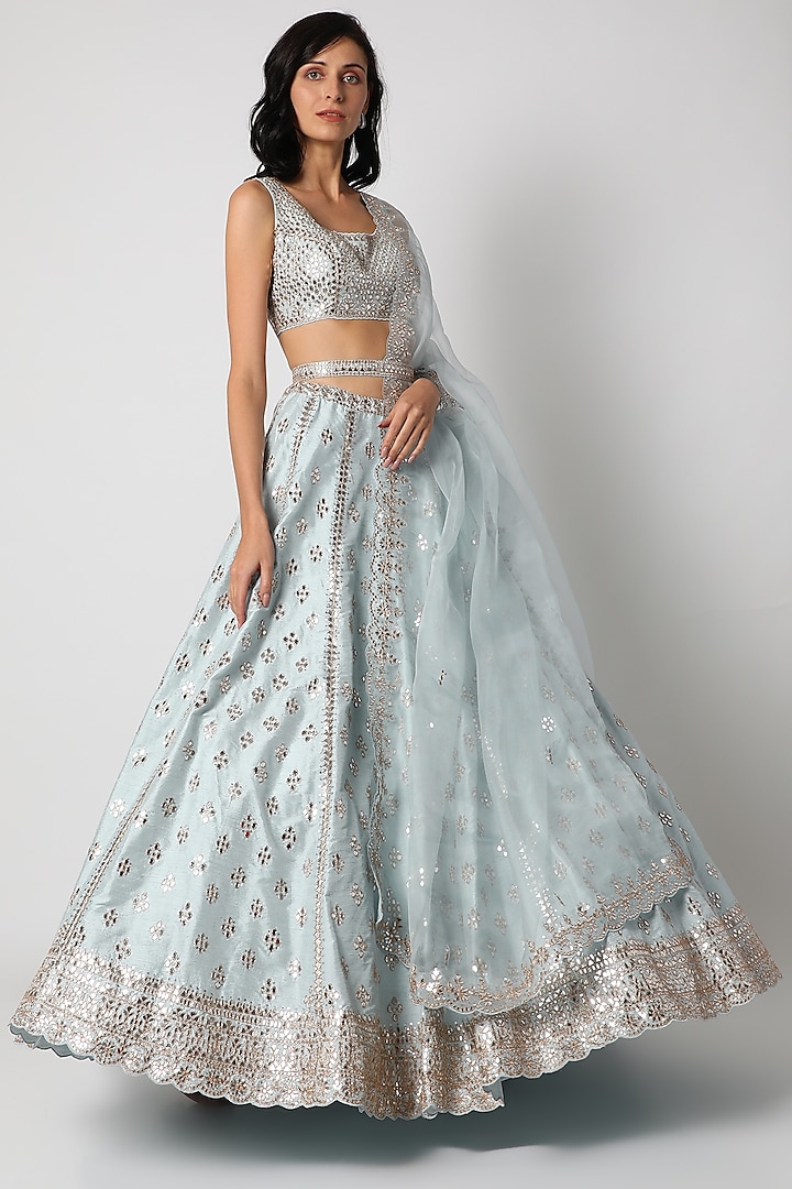 Sky Blue Embroidered Lehenga Set With Belt by Seema Gujral