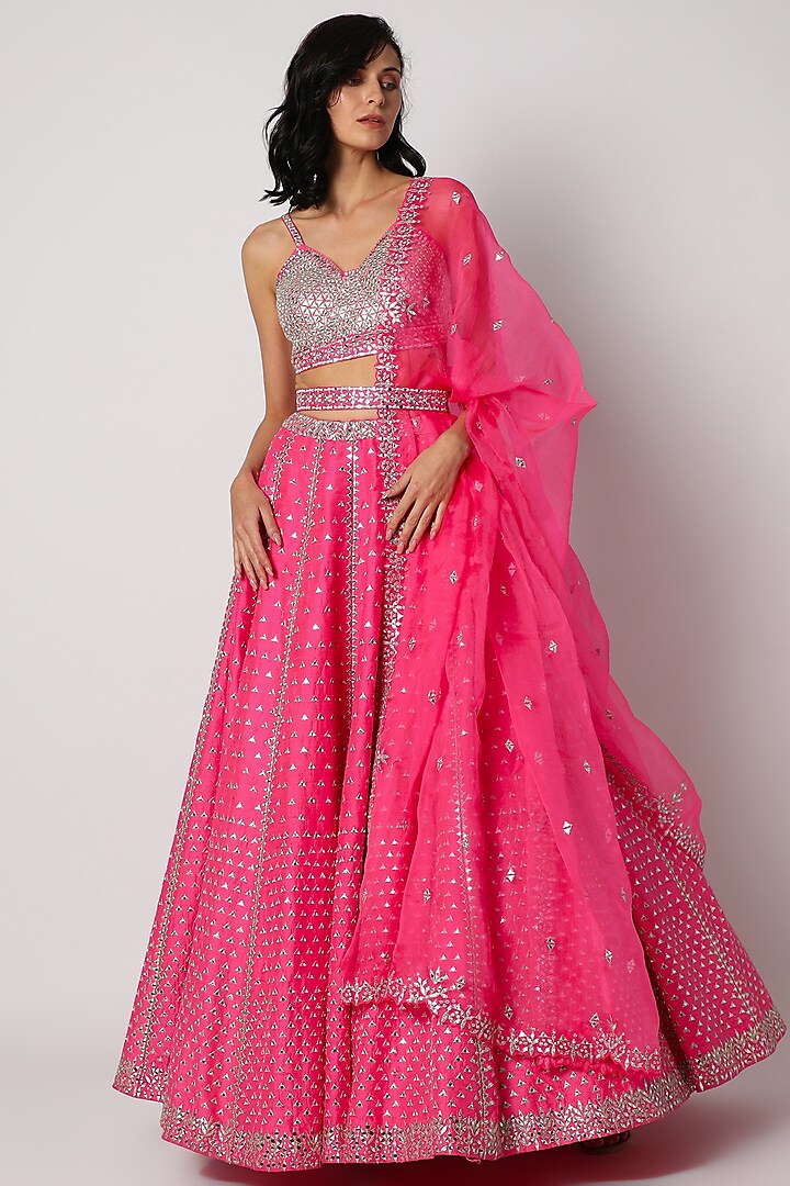 Bright Pink Embroidered Lehenga Set by Seema Gujral