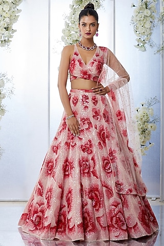 Peach Embroidered Lehenga Set by Seema Gujral
