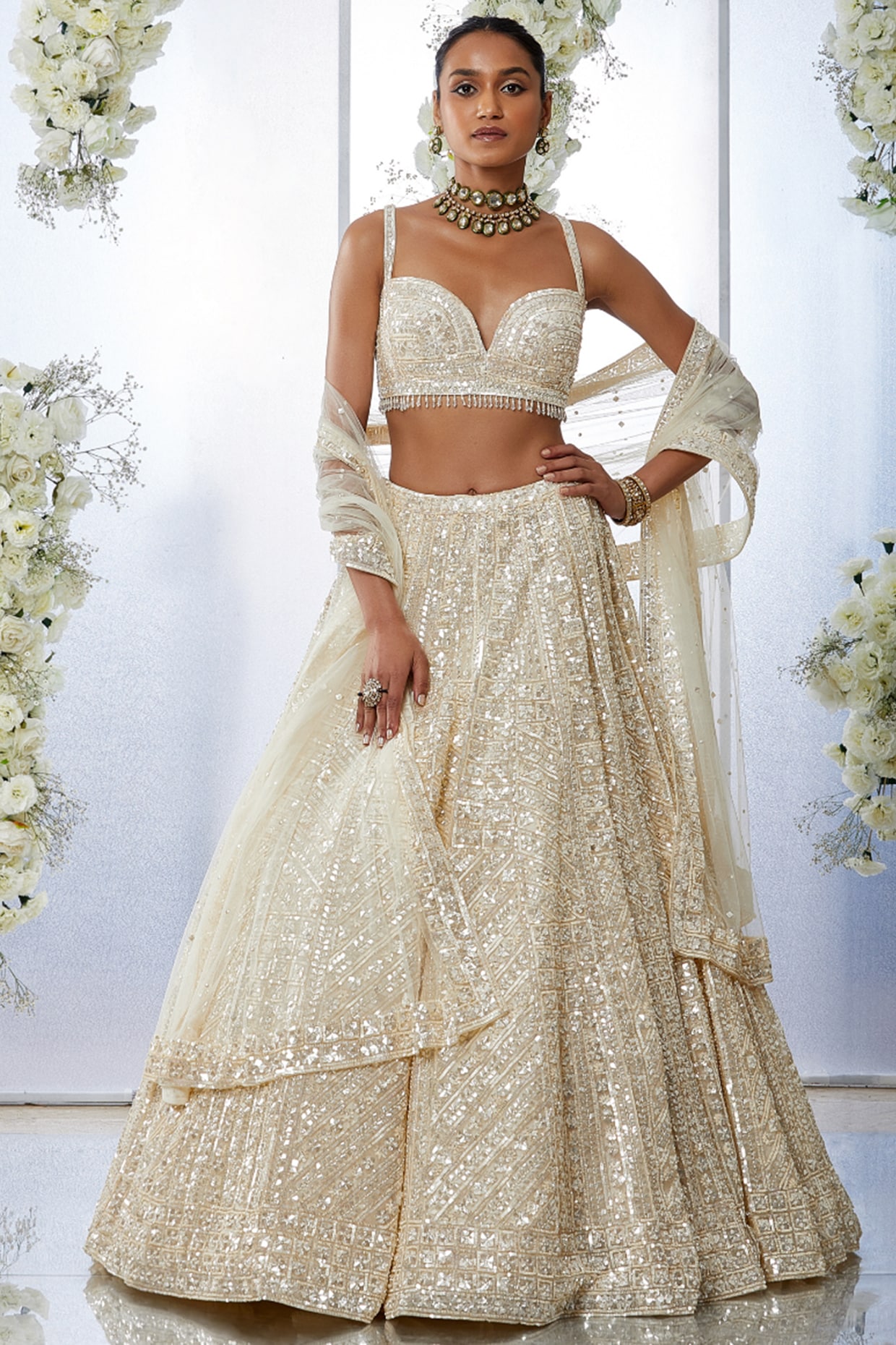 Cream Net Pearl Embroidered Lehenga Set Design by Seema Gujral at Pernia's  Pop Up Shop 2024