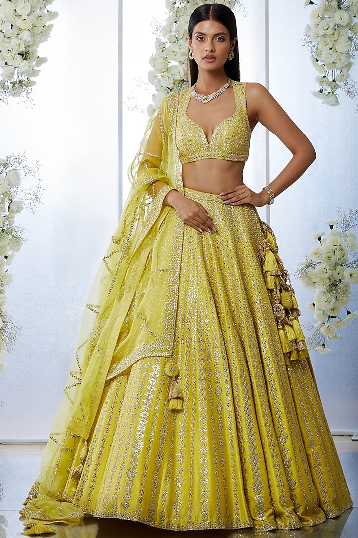Sunset Yellow Embroidered Lehenga Set by Seema Gujral