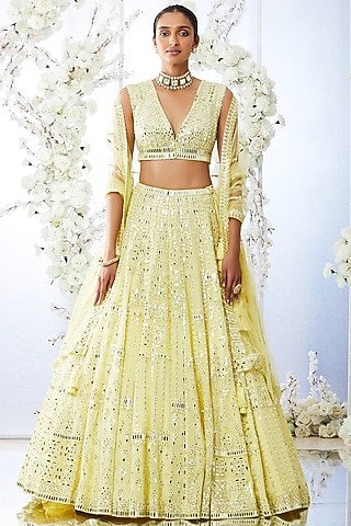 Lemon Yellow Embroidered Lehenga Set by Seema Gujral