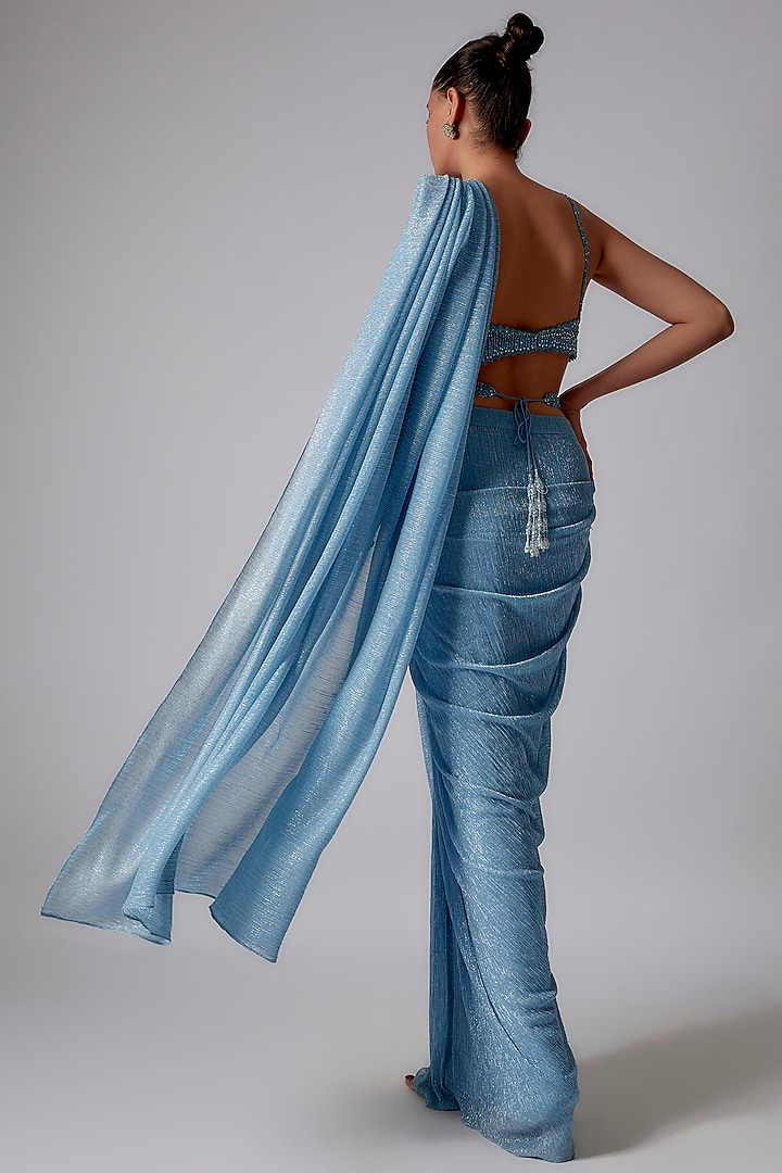 Blue Wrinkled Lurex Pre-Draped Wedding Saree Set by Seema Gujral at Pernia's Pop Up Shop