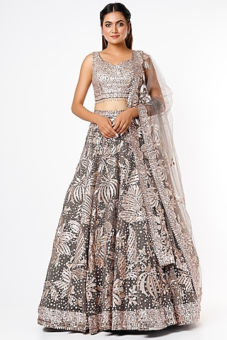 Metallic Grey Tulle Lehenga Set by Seema Gujral