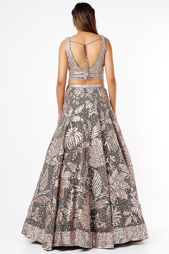 Metallic Grey Tulle Bridal Lehenga Set by Seema Gujral at Pernia's Pop Up Shop