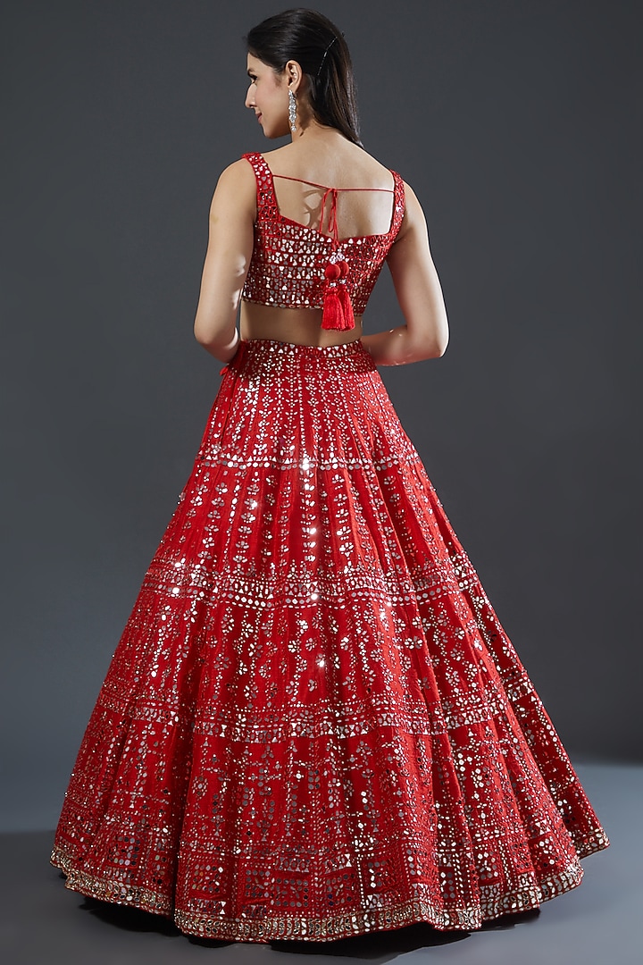 Red Raw Silk Mirror Embroidered Bridal Lehenga Set by Seema Gujral at Pernia's Pop Up Shop