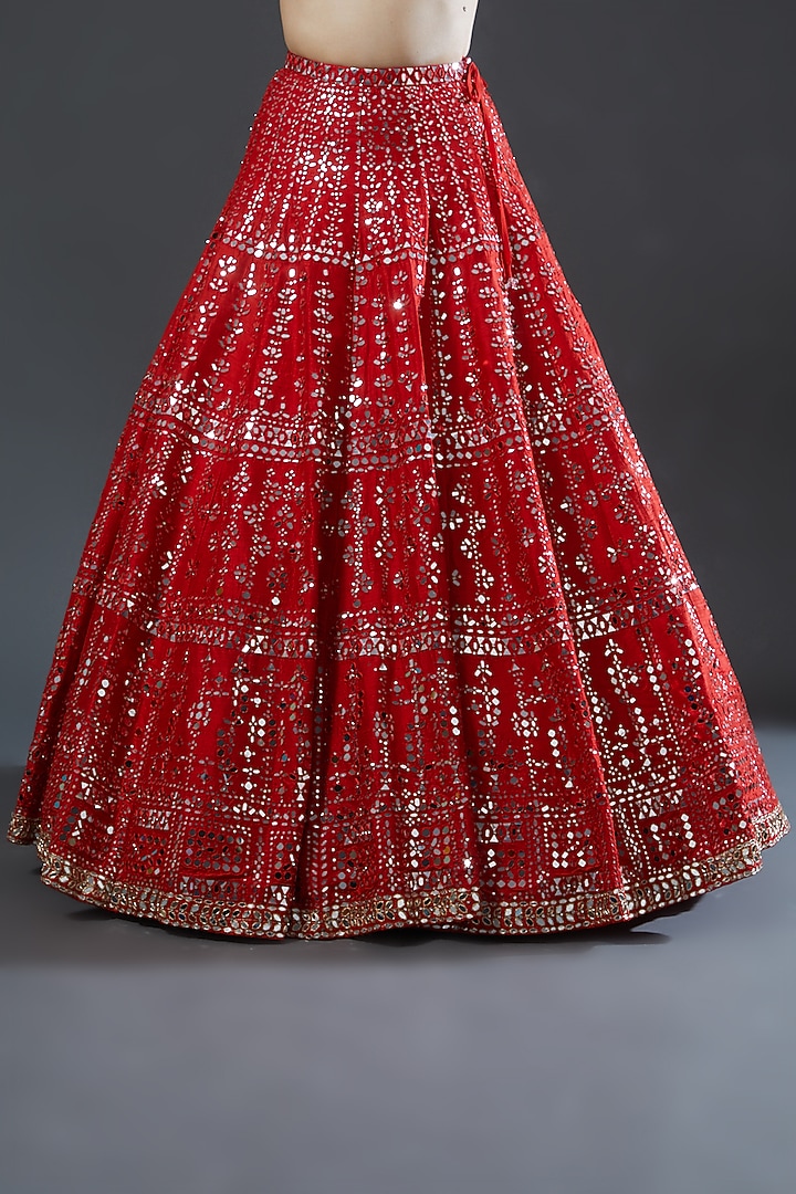 Red Raw Silk Mirror Embroidered Bridal Lehenga Set by Seema Gujral at Pernia's Pop Up Shop