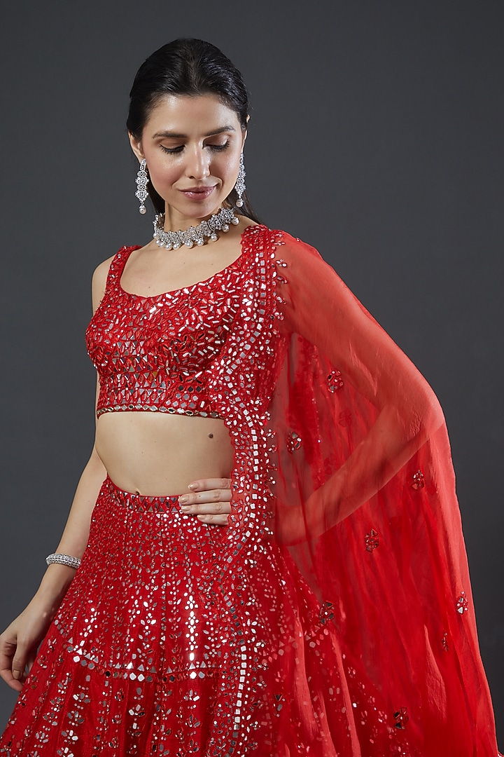 Red Raw Silk Mirror Embroidered Bridal Lehenga Set by Seema Gujral at Pernia's Pop Up Shop