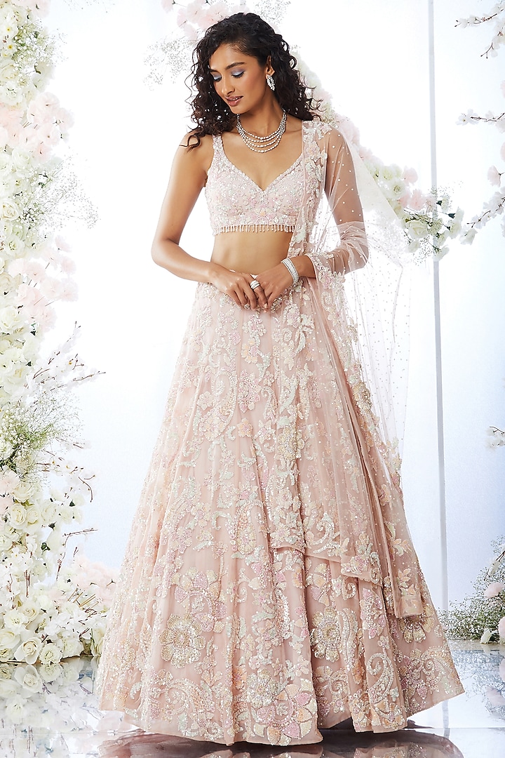 Blush Pink Floral Embroidered Lehenga Set by Seema Gujral