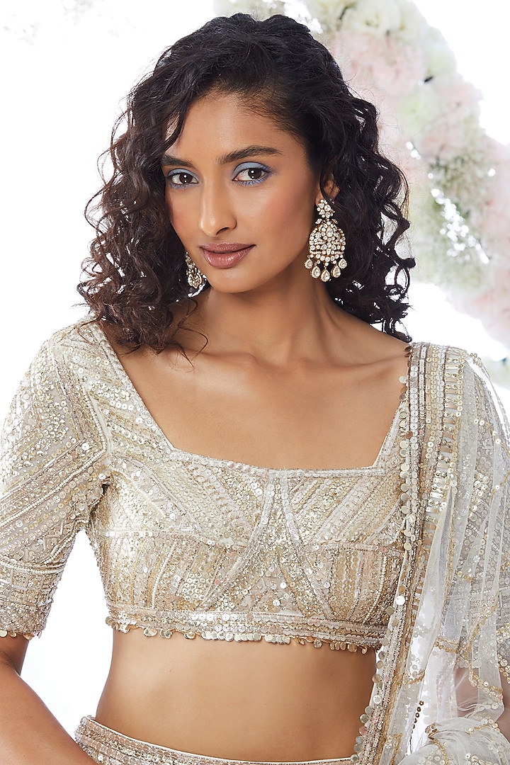 Antique Gold Metallic Sequins Embroidered Bridal Lehenga Set by Seema Gujral at Pernia's Pop Up Shop