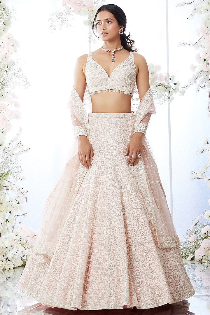 Millennial Pink Embroidered Lehenga Set by Seema Gujral