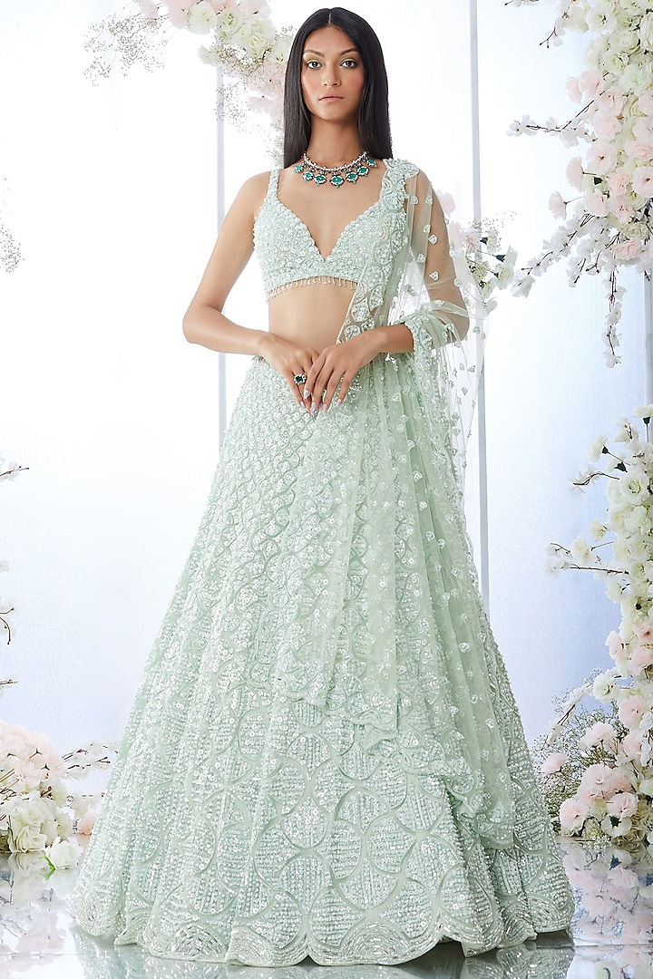 Mint Sequins Embroidered Lehenga Set by Seema Gujral