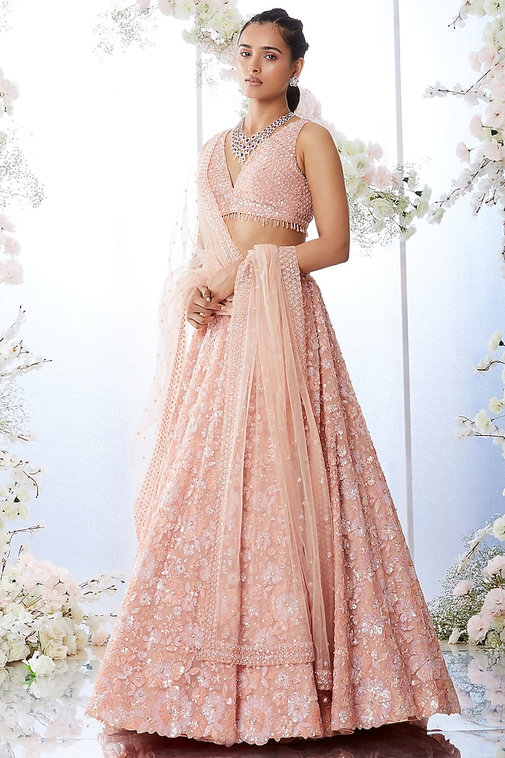 Tropical Peach Sequins Embroidered Lehenga Set by Seema Gujral